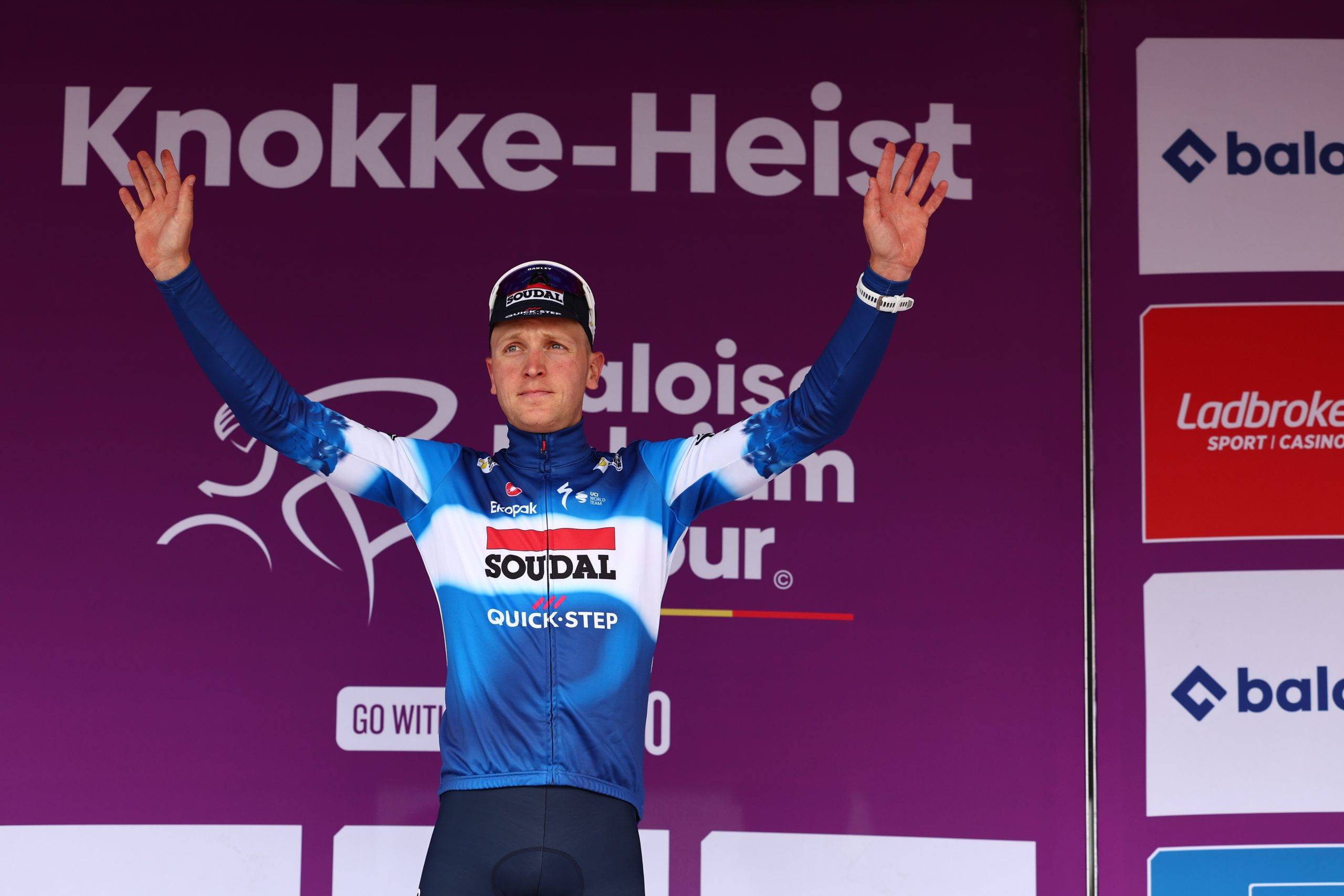 Belgian Tim Merlier of Soudal Quick-Step celebrates on the podium after winning the second stage of the Baloise Belgium Tour cycling race, 184,2 km from Merelbeke to Knokke-Heist, on Thursday 13 June 2024.
BELGA PHOTO DAVID PINTENS