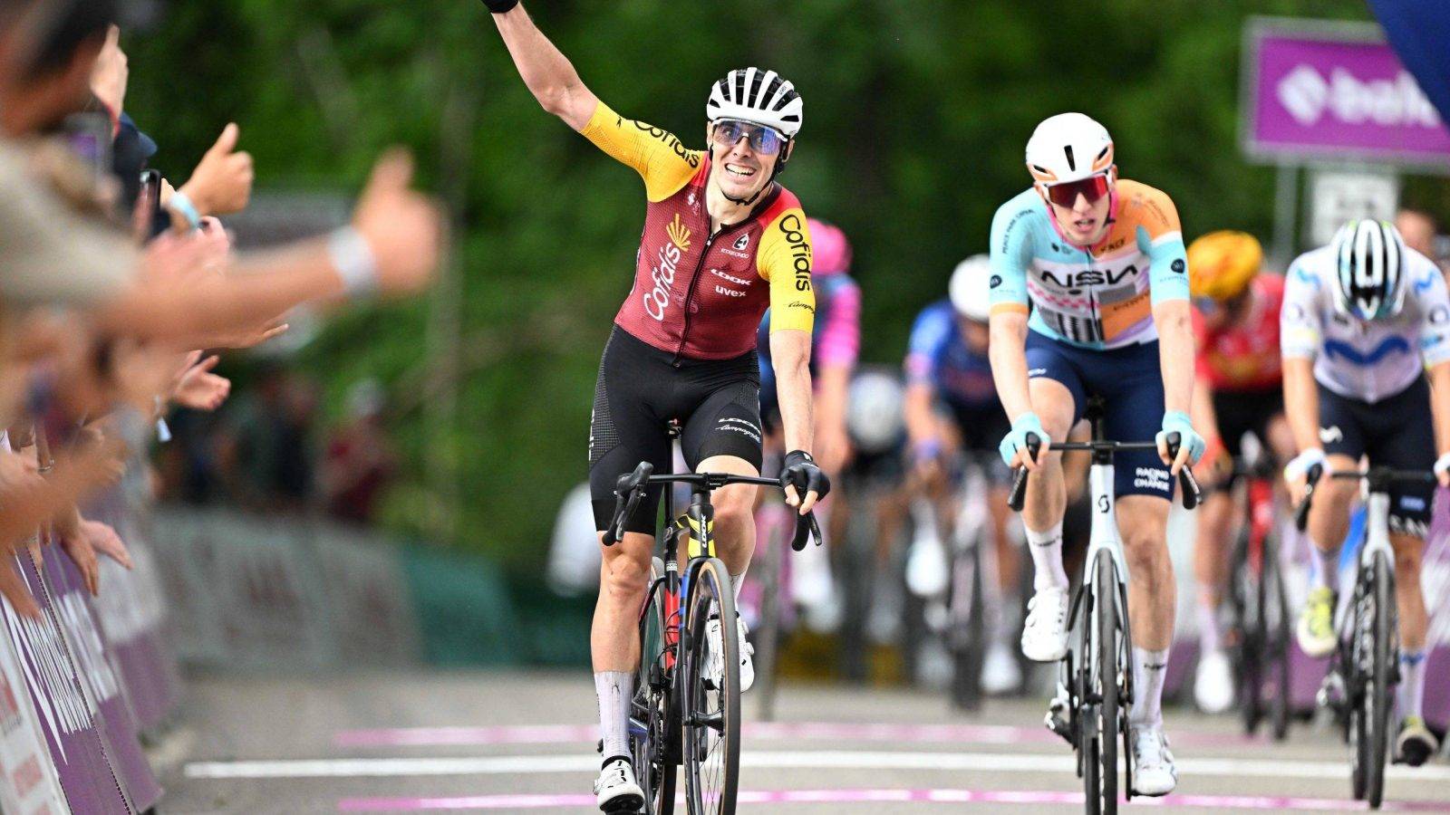 Spanish Alex Aranburu of Cofidis celebrates after winning stage 3 of the Baloise Belgium Tour cycling race, 173km from and to Durbuy, on Friday 19 June 2026. The Baloise Belgium Tour takes place from 17 to 21 June.BELGA PHOTO JASPER JACOBS
