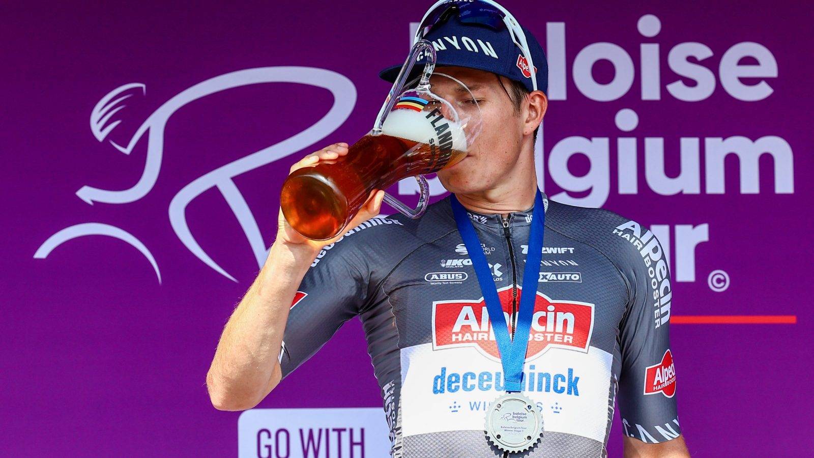 Belgian Jasper Philipsen of Alpecin-Deceuninck pictured on the podium after the second stage of the Baloise Belgium Tour cycling race, 194,6 km from Beringen to Putte, Wednesday 18 June 2025. The Baloise Belgium Tour takes place from 18 to 22 June. BELGA PHOTO DAVID PINTENS
