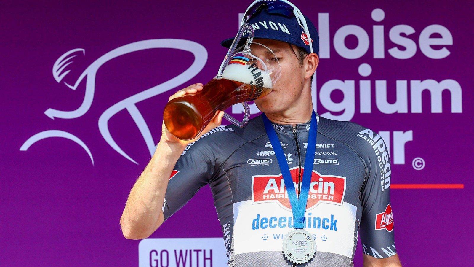 Belgian Jasper Philipsen of Alpecin-Deceuninck pictured on the podium after the second stage of the Baloise Belgium Tour cycling race, 194,6 km from Beringen to Putte, Wednesday 18 June 2025. The Baloise Belgium Tour takes place from 18 to 22 June. BELGA PHOTO DAVID PINTENS
