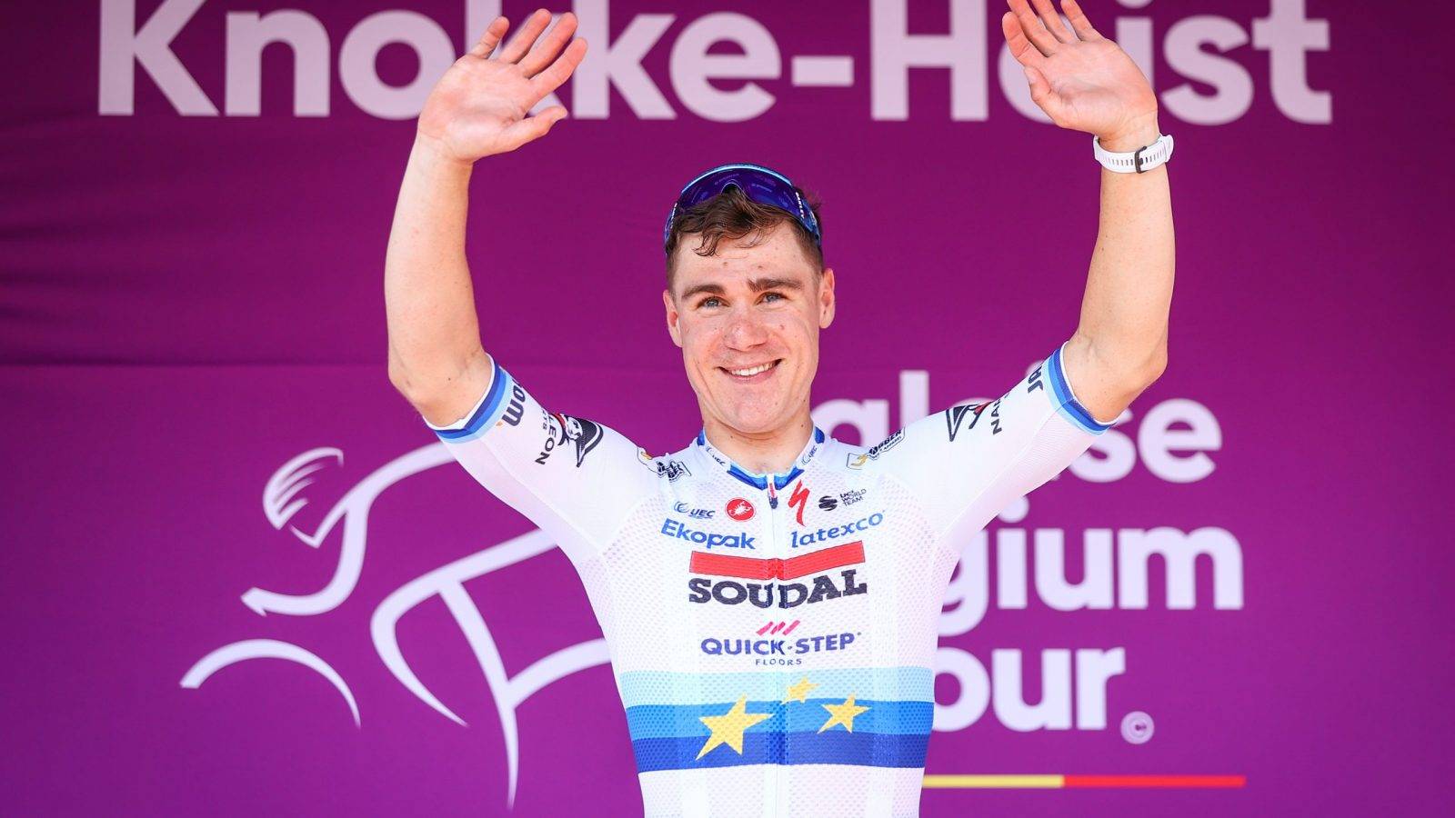 Dutch Fabio Jakobsen of Soudal Quick-Step celebrate on the podium after winning stage 2 of the Baloise Belgium Tour cycling race, from Merelbeke to Knokke-Heist (175,7 km) on Thursday 15 June 2023. BELGA PHOTO DAVID PINTENS