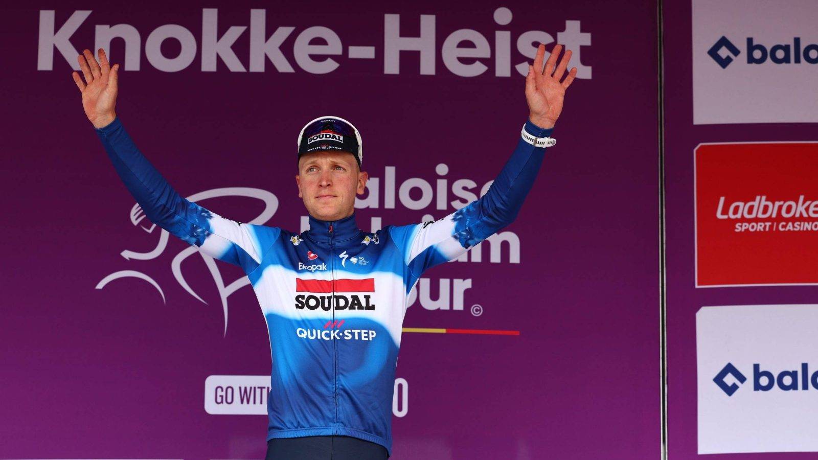 Belgian Tim Merlier of Soudal Quick-Step celebrates on the podium after winning the second stage of the Baloise Belgium Tour cycling race, 184,2 km from Merelbeke to Knokke-Heist, on Thursday 13 June 2024.
BELGA PHOTO DAVID PINTENS