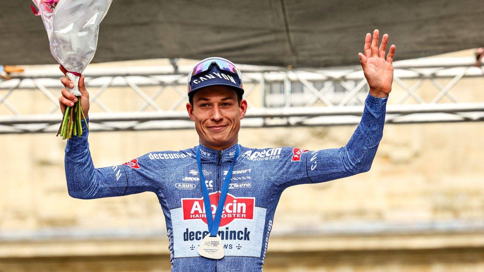 Belgian Jasper Philipsen of Alpecin-Deceuninck celebrates on the podium after winning stage 3 of the Baloise Belgium Tour cycling race, from Turnhout to Scherpenheuvel-Zichem (188,3 km) on Friday 14 June 2024. BELGA PHOTO DAVID PINTENS